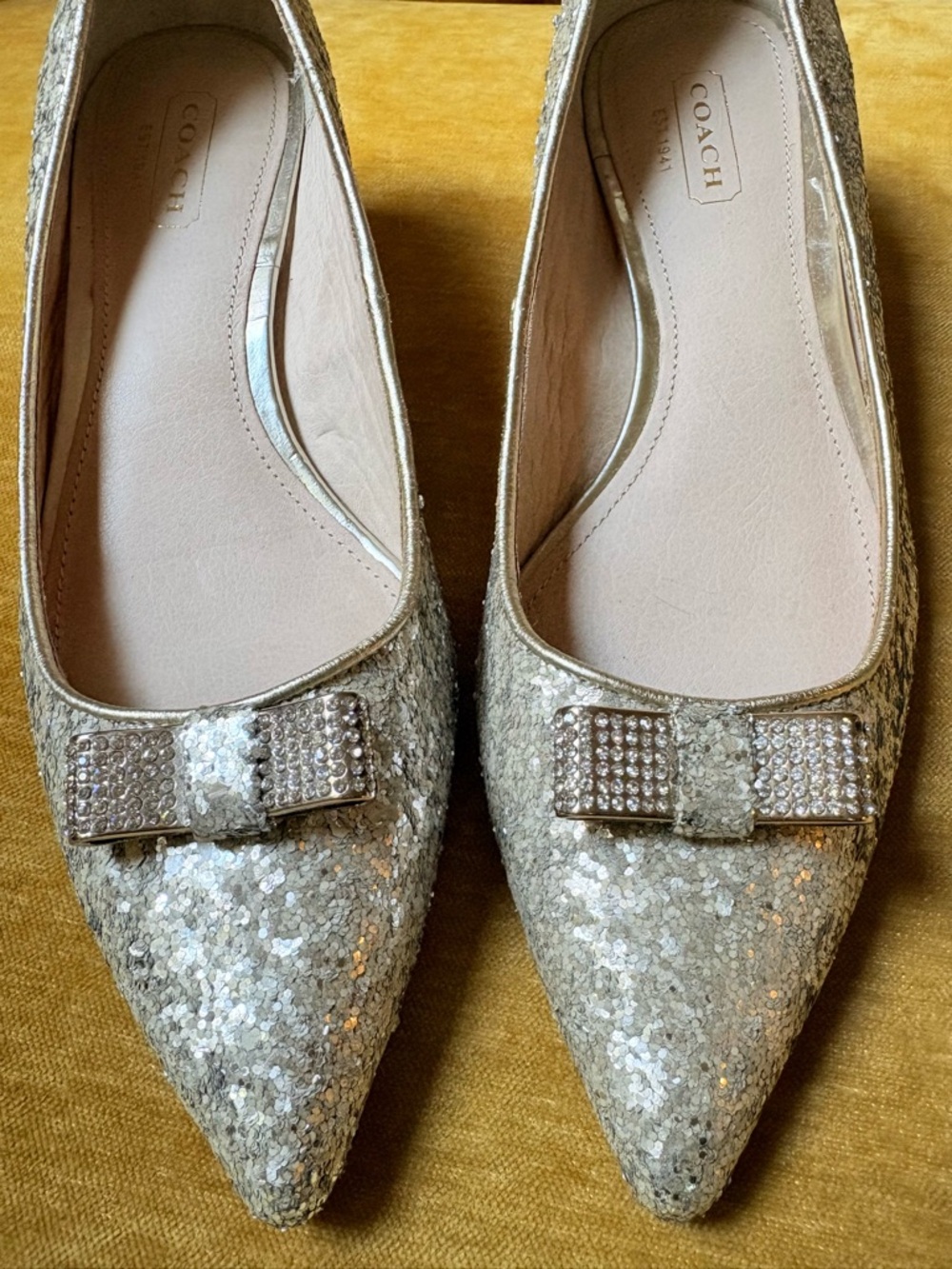 Coach Monroe Silver Glitter Pointed Toe Kitten Heels with Crystal Bow Accent